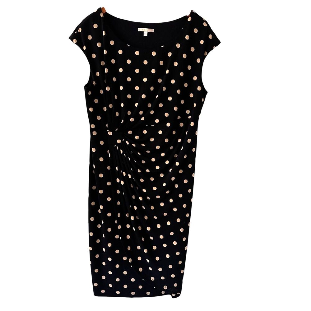 Dress Barn Signature Sadie Beige Blue Dot Stretch Sleeveless Midi Dress 16Wโ
